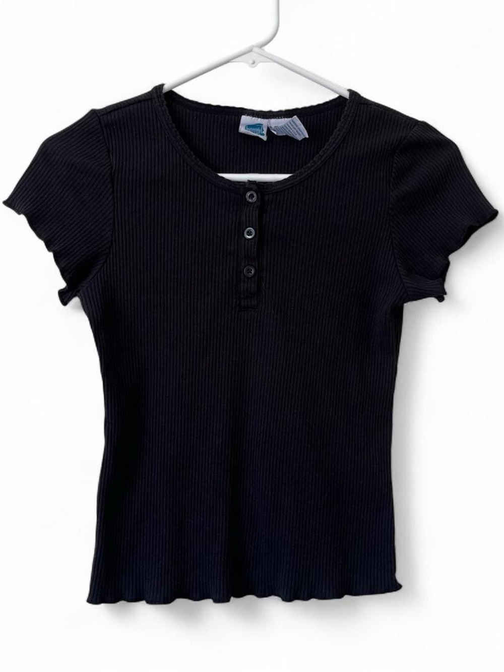 Girls 14 XL Short Sleeve Black T-Shirt Blouse Henley Button Ribbed Knit Ruffle